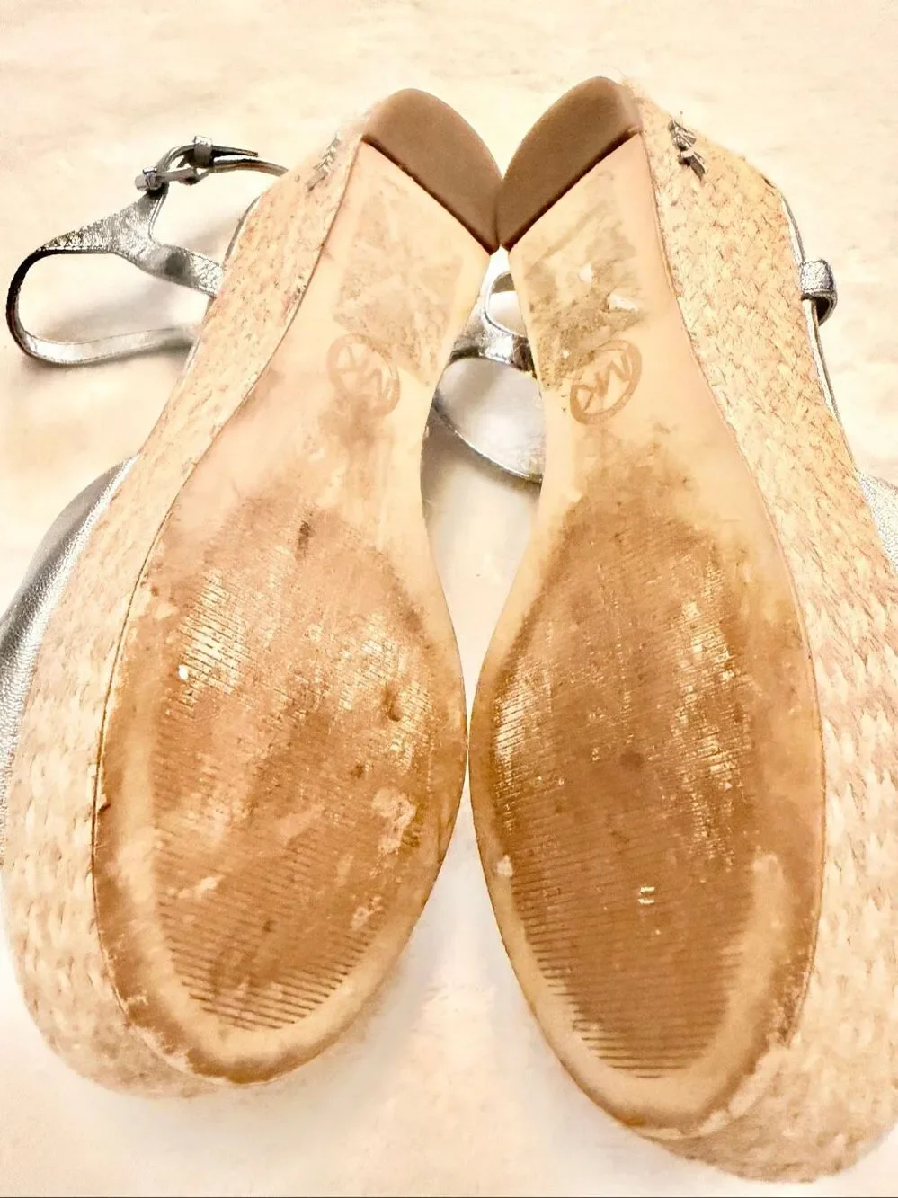 Michael Kors Silver Metallic Leather Bow Espadrille Wedge Sandals Size 8 (EU 38)
